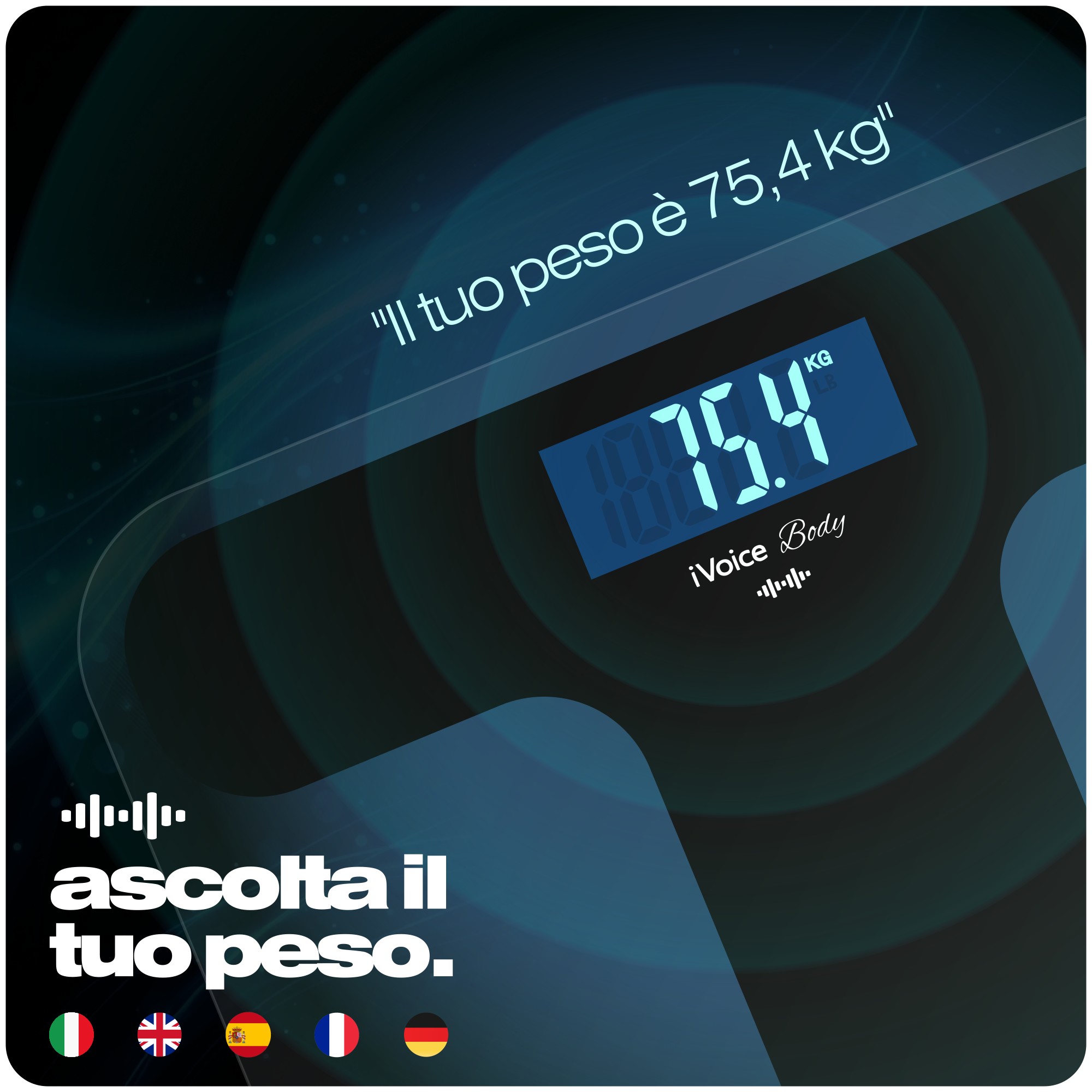 Bilancia Pesapersone Parlante VIBAS iVoice Body, per Non Vedenti o Anziani, Parla 5 Lingue, Voce Chiara, con Ausili Sonori per orientarsi, Ripetizione del Peso, Volume regolabile, Batterie Incluse, Garanzia 2 anni (Nera) - immagine 2