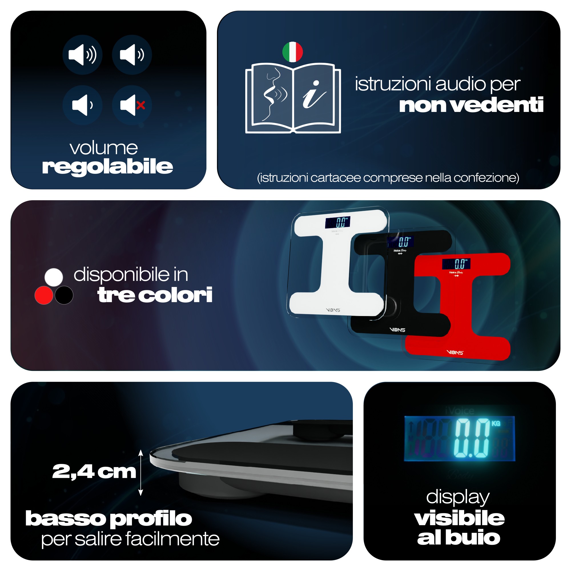 Bilancia Pesapersone Parlante VIBAS iVoice Body, per Non Vedenti o Anziani, Parla 5 Lingue, Voce Chiara, con Ausili Sonori per orientarsi, Ripetizione del Peso, Volume regolabile, Batterie Incluse, Garanzia 2 anni (Nera) - immagine 3