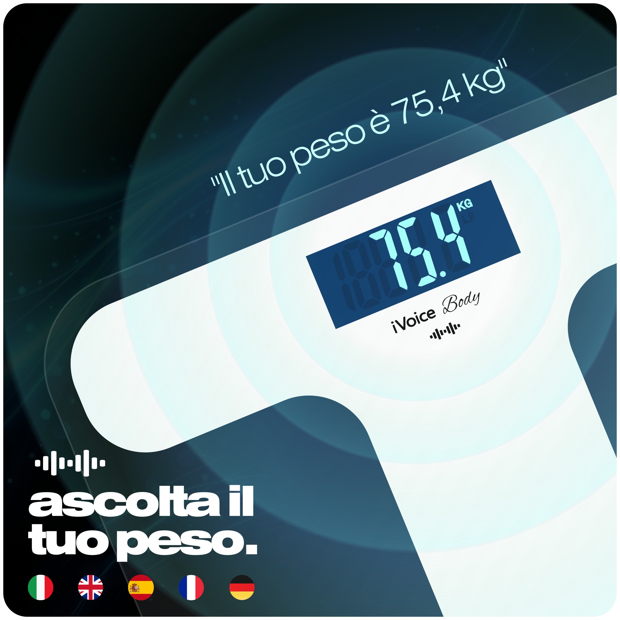 Bilancia Pesapersone Parlante VIBAS iVoice Body, per Non Vedenti o Anziani, Parla 5 Lingue, Voce Chiara, con Ausili Sonori per orientarsi, Ripetizione del Peso, Volume regolabile, Batterie Incluse, Garanzia 2 anni (Bianca) - immagine 2