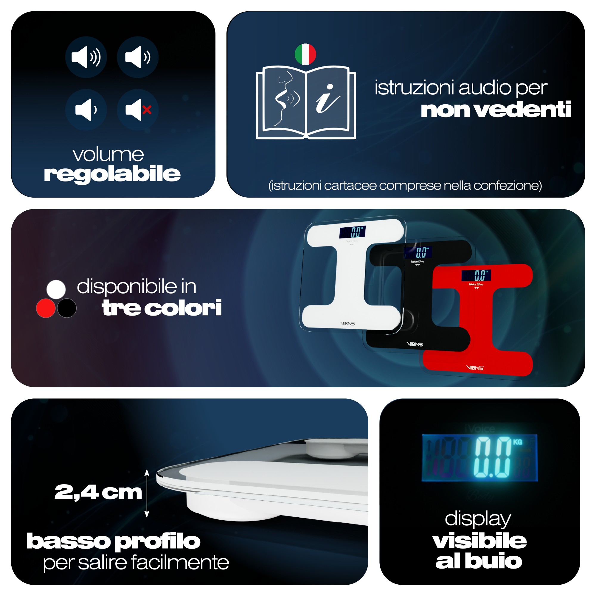 Bilancia Pesapersone Parlante VIBAS iVoice Body, per Non Vedenti o Anziani, Parla 5 Lingue, Voce Chiara, con Ausili Sonori per orientarsi, Ripetizione del Peso, Volume regolabile, Batterie Incluse, Garanzia 2 anni (Bianca) - immagine 3