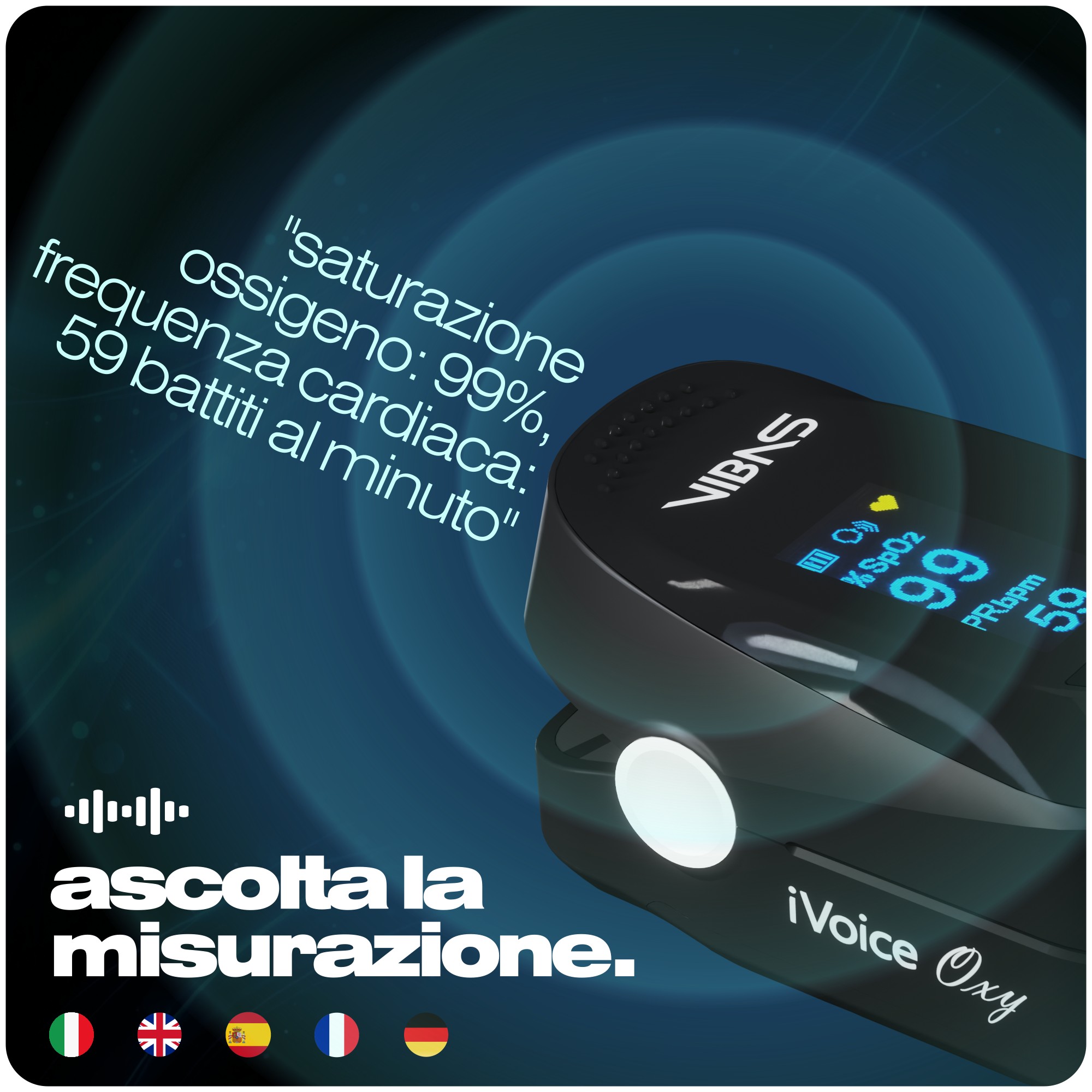 Saturimetro Parlante VIBAS iVoice Oxy – Ossimetro da Dito con Voce Multilingua, Misura SpO2 e Frequenza Cardiaca, Ripetizione Automatica, Ideale per Anziani e non Vedenti, Batterie Incluse - immagine 2