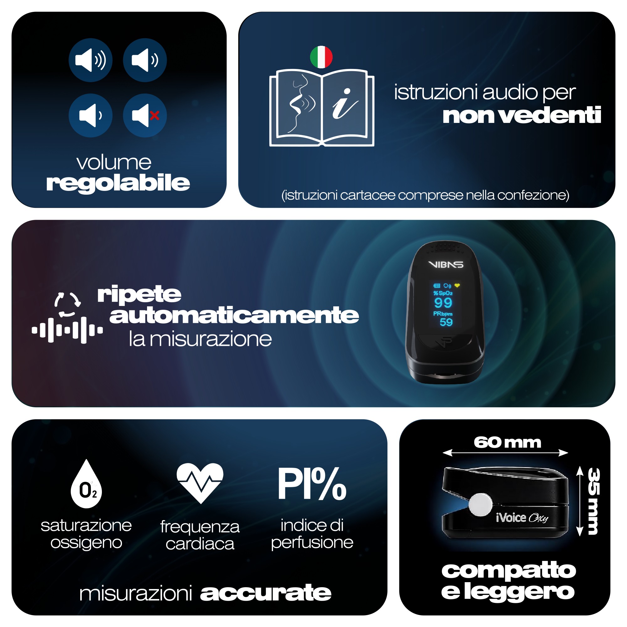 Saturimetro Parlante VIBAS iVoice Oxy – Ossimetro da Dito con Voce Multilingua, Misura SpO2 e Frequenza Cardiaca, Ripetizione Automatica, Ideale per Anziani e non Vedenti, Batterie Incluse - immagine 3