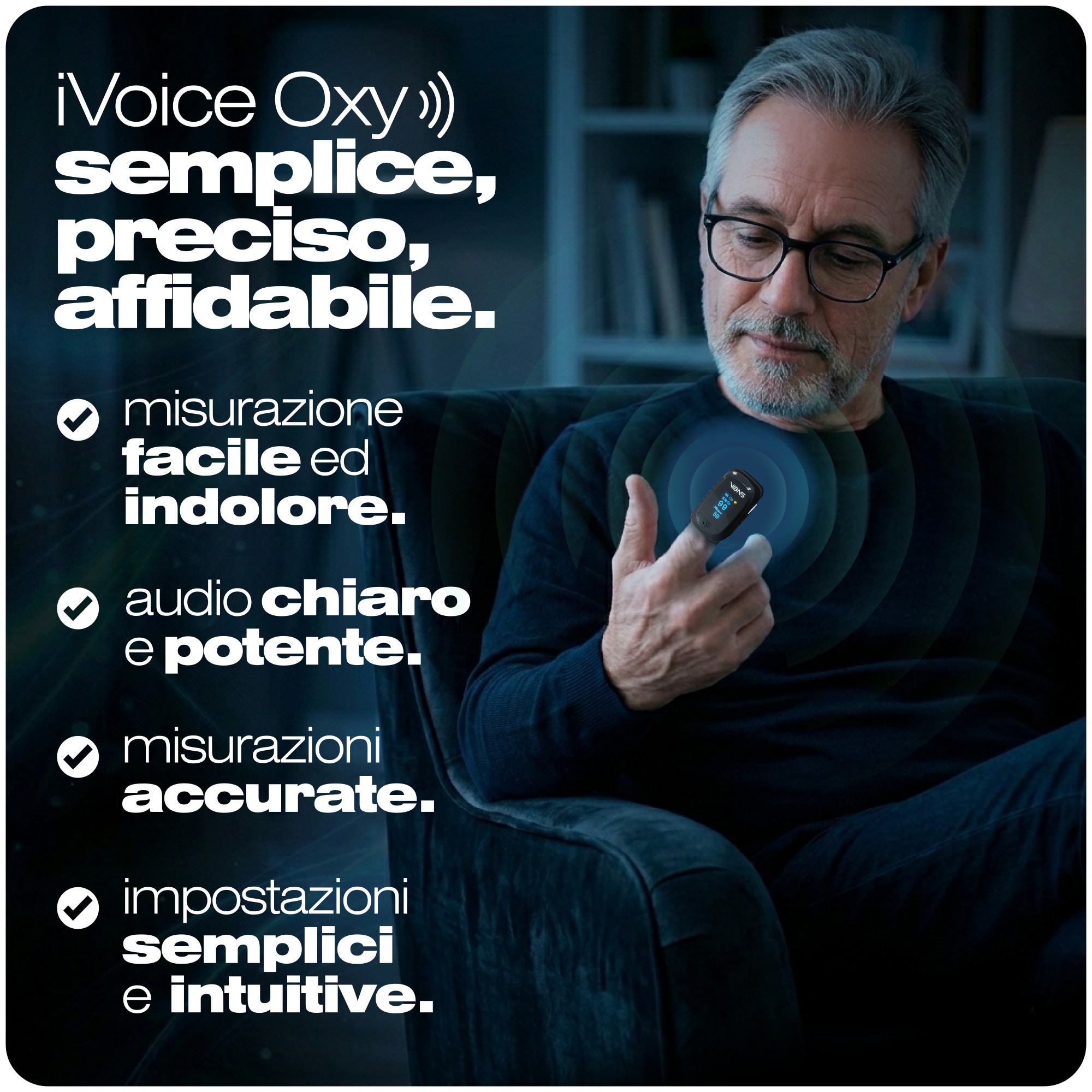 Saturimetro Parlante VIBAS iVoice Oxy – Ossimetro da Dito con Voce Multilingua, Misura SpO2 e Frequenza Cardiaca, Ripetizione Automatica, Ideale per Anziani e non Vedenti, Batterie Incluse - immagine 6